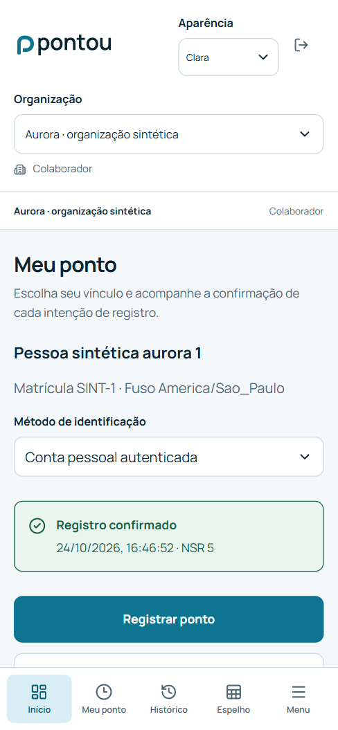 Tela Meu ponto no celular: marcação registrada e confirmada pelo servidor, com a lista dos registros recentes