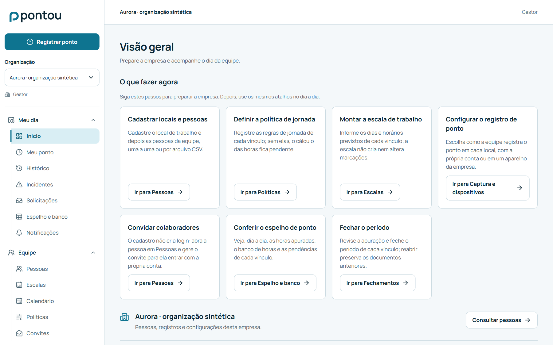 Tela inicial do gestor no computador: visão geral da empresa com os próximos passos, como cadastrar pessoas, definir a política de jornada e fechar o período